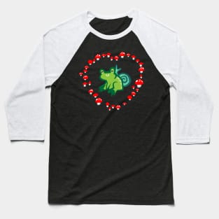 Red Mushroom Heart with Frog and Snail "Goblincore Snuggles" Baseball T-Shirt